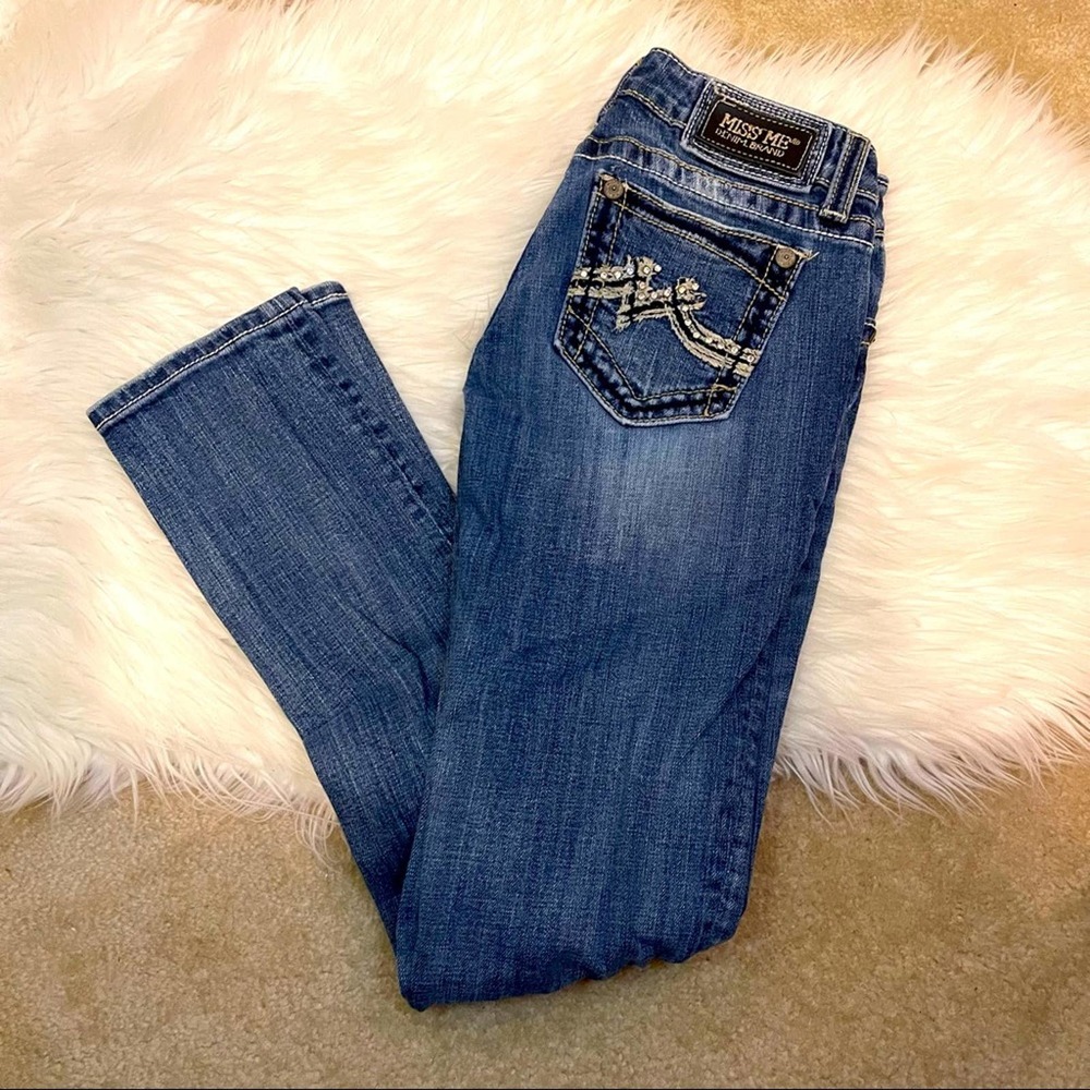 Miss Me Medium Wash Jeweled Pocket Low Rise Skinny Jeans Size 27